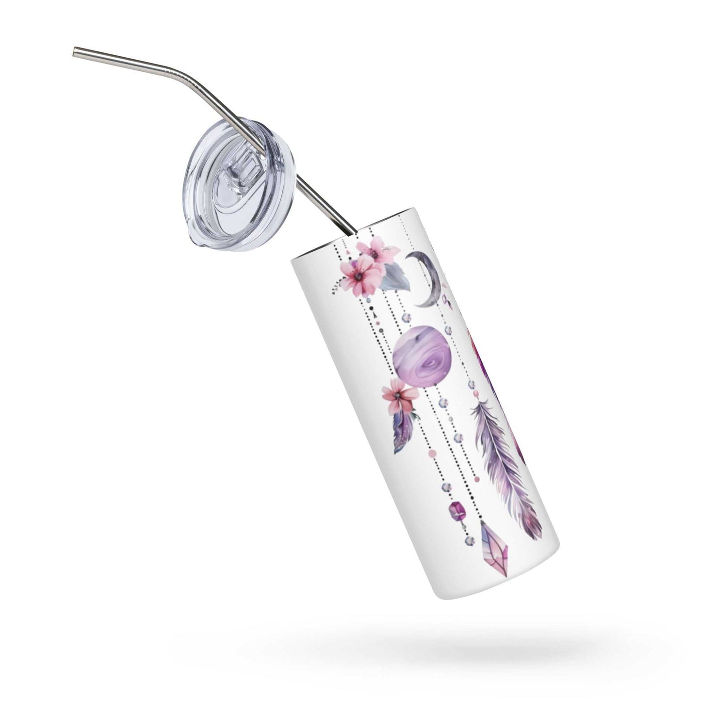 Stainless Steel Tumbler met dreamcatcher design, roestvrij staal isolatiebeker met rietje en deksel, 600ml thermosbeker voor warme en koude dranken