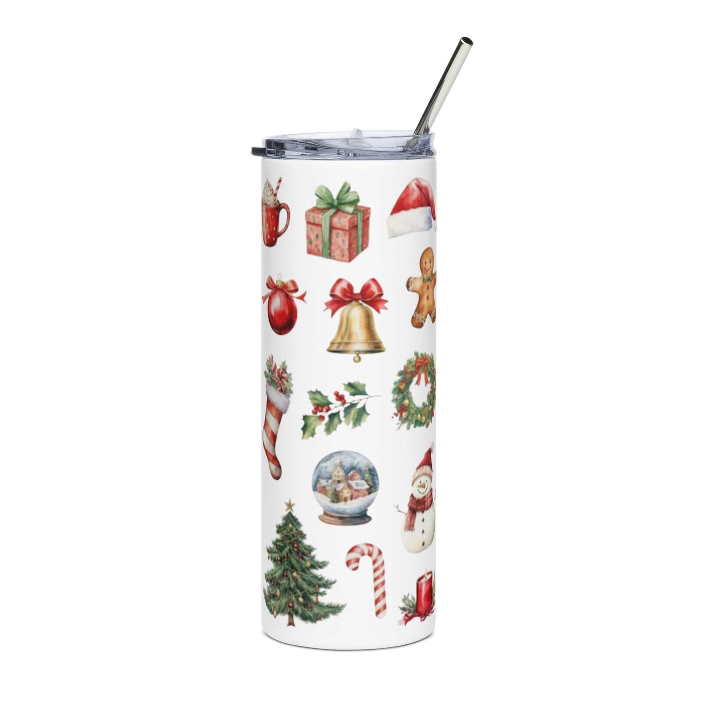20oz stainless steel tumbler with festive Christmas icons and clear lid with straw