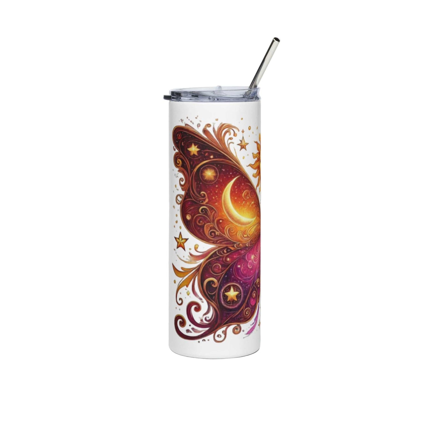 Stainless steel tumbler with sun and moon energy celestial design, double-wall insulated, 20 oz capacity, eco-friendly travel cup with lid and straw.