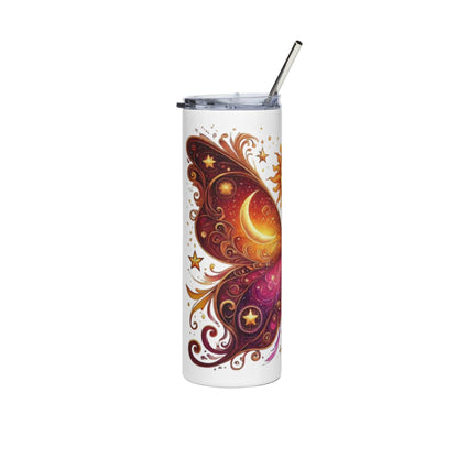 Stainless steel tumbler with sun and moon energy celestial design, double-wall insulated, 20 oz capacity, eco-friendly travel cup with lid and straw.