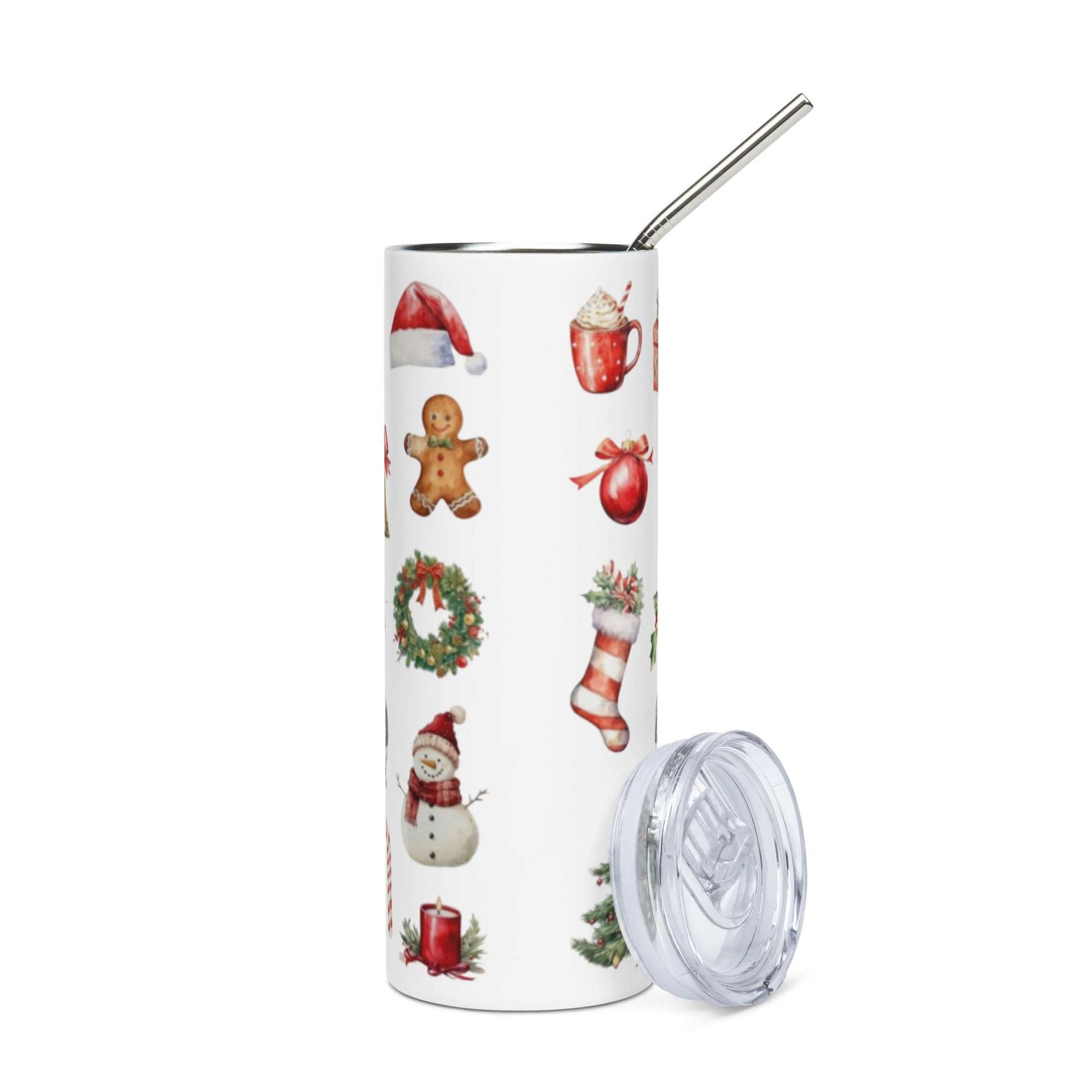 20oz stainless steel tumbler with festive Christmas icons and clear lid with metal straw