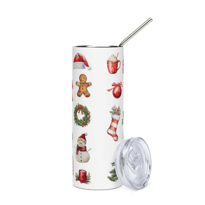 20oz stainless steel tumbler with festive Christmas icons and clear lid with metal straw