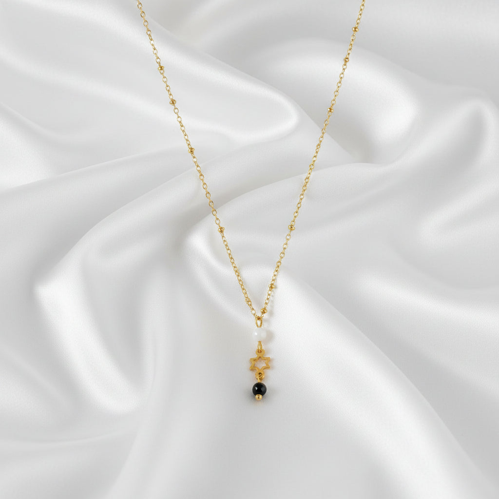 Elegante gouden Ster Hanger Ketting van stainless steel met maansteen en zwarte toermalijn edelstenen