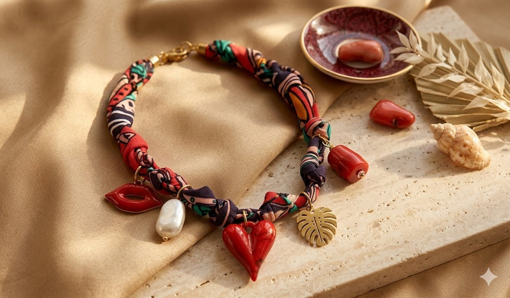 Luxe productfoto van de Boho Choker met RVS bedeltjes (hart, mondje, blad) op een marmeren en zijden achtergrond - Glow Mystic in Style.