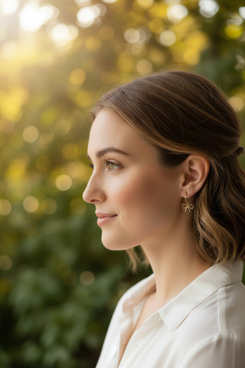 Zijaanzicht van een vrouw met opgestoken bruin haar die de gouden strikjes oorbellen draagt. Ze draagt een witte blouse en staattegen een zachte, onscherpe achtergrond van groene bladeren in de buitenlucht.