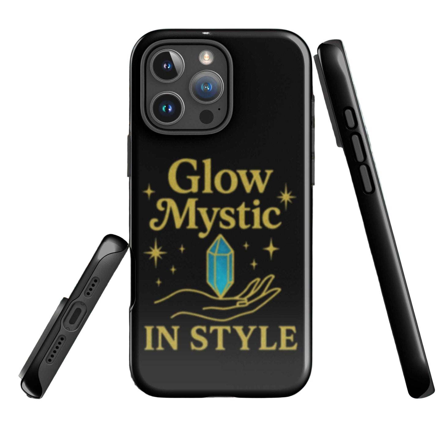 Glow Mystic In Style iPhone case with black dual-layer protection and mystical gold design featuring a crystal and hand illustration