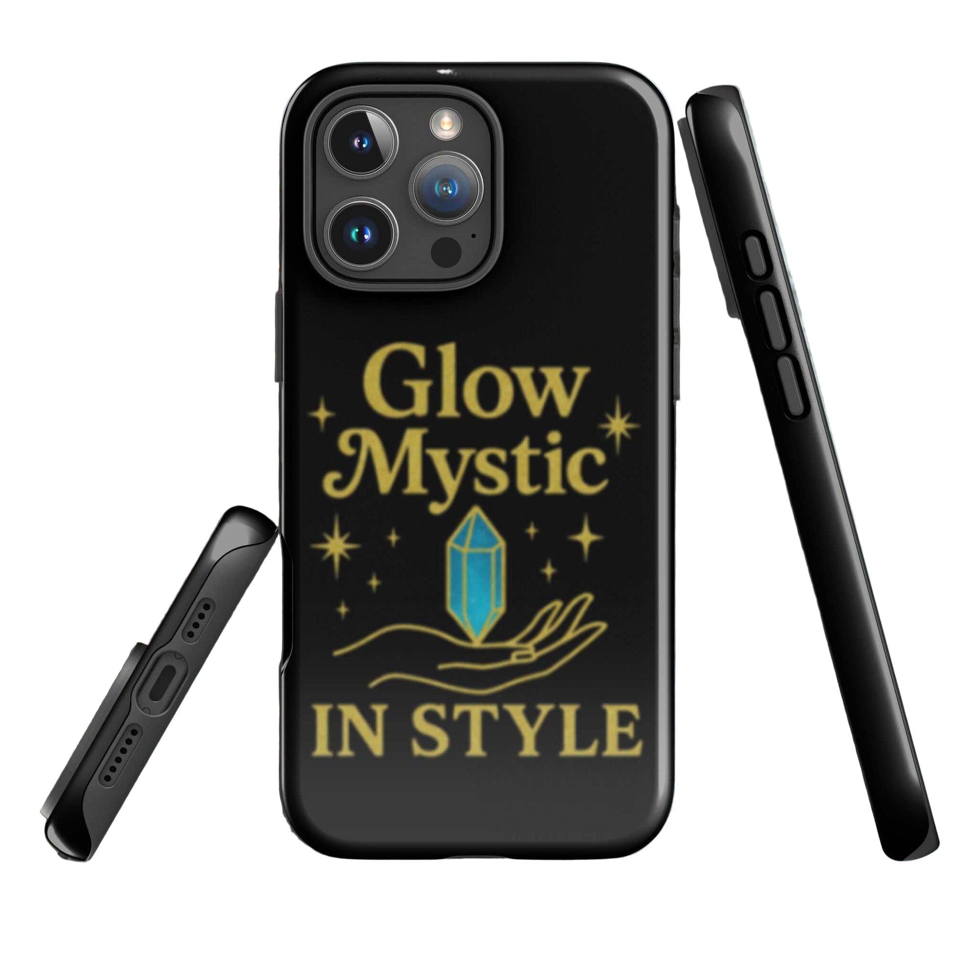 Glow Mystic In Style iPhone case with black dual-layer protection and mystical gold design featuring a crystal and hand illustration