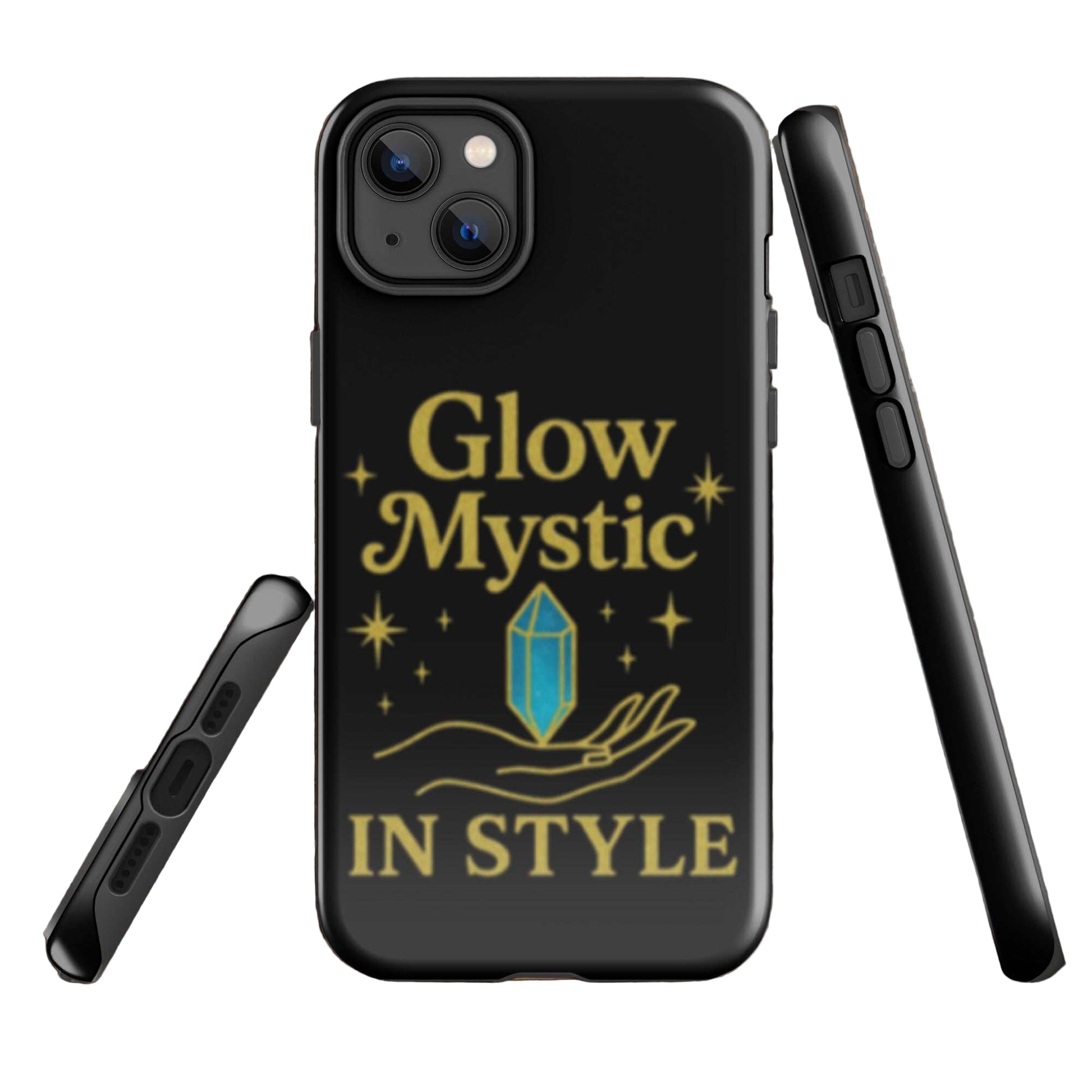 Glow Mystic In Style iPhone case with black durable shell and mystical gold and blue design