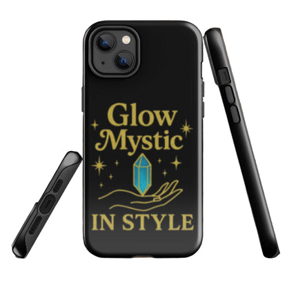 Glow Mystic In Style iPhone case with black durable shell and mystical gold and blue design