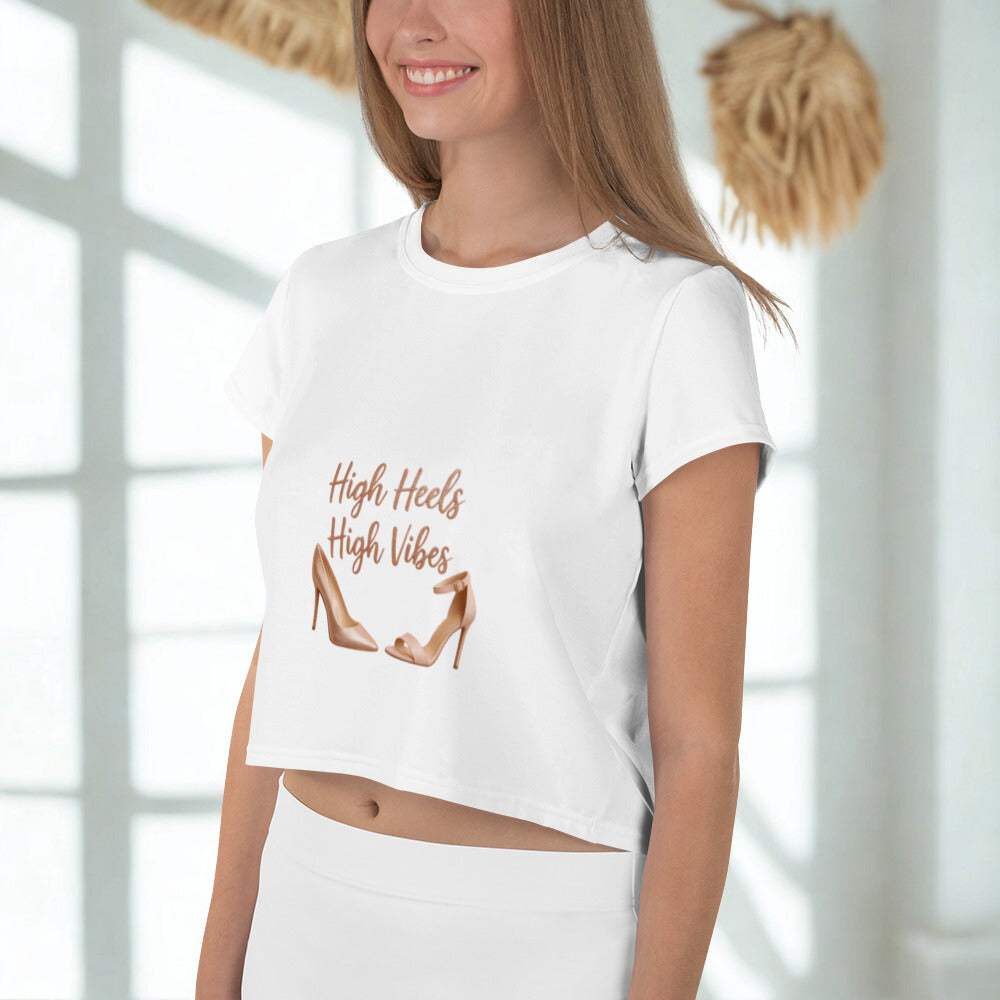 Woman wearing white High Heels High Vibes Crop Top with high heel graphic and text design