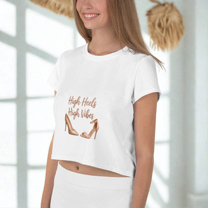 Woman wearing white High Heels High Vibes Crop Top with high heel graphic and text design