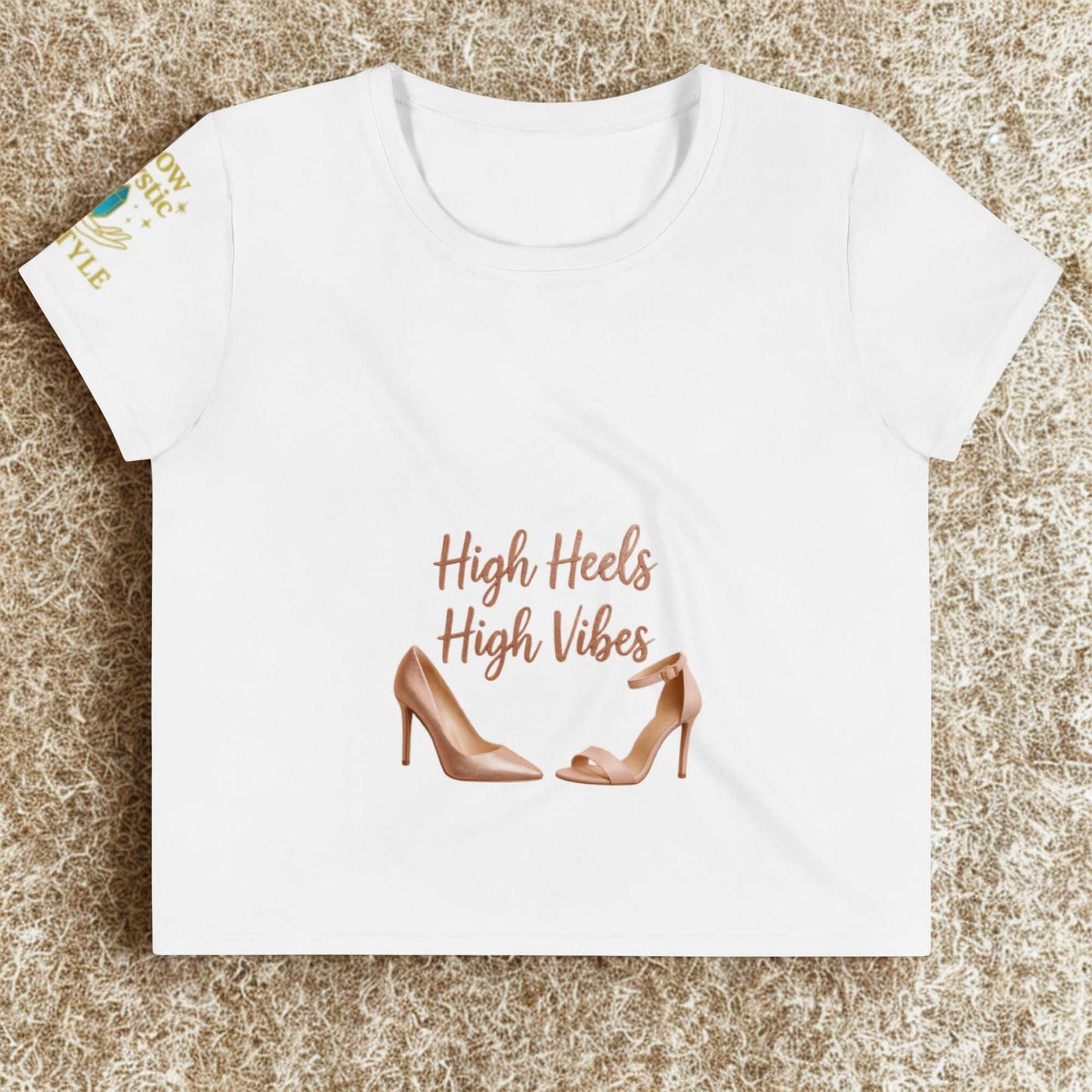 White High Heels High Vibes Crop Top with printed high heel shoes and stylish text design