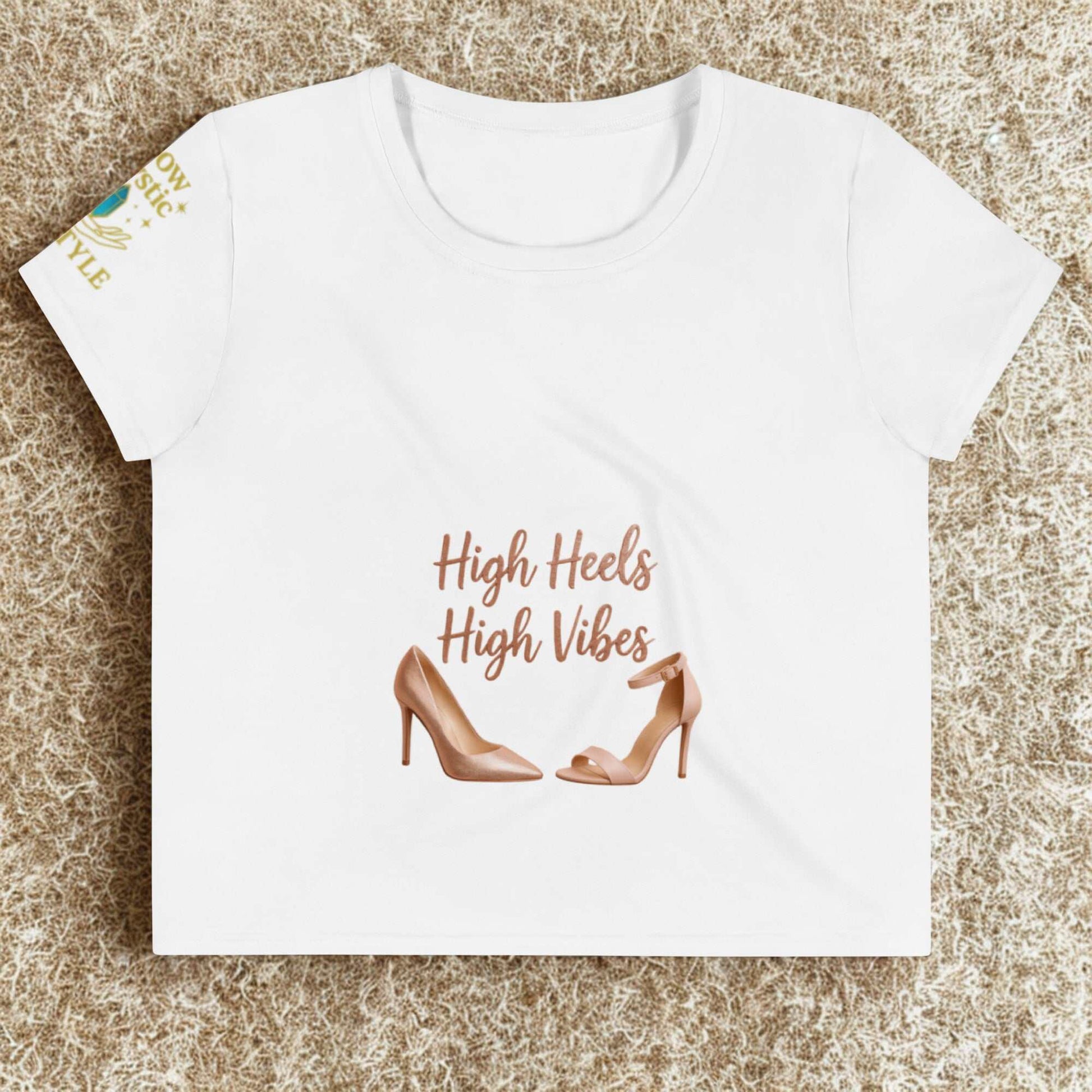 White High Heels High Vibes Crop Top with printed high heel shoes and stylish text design