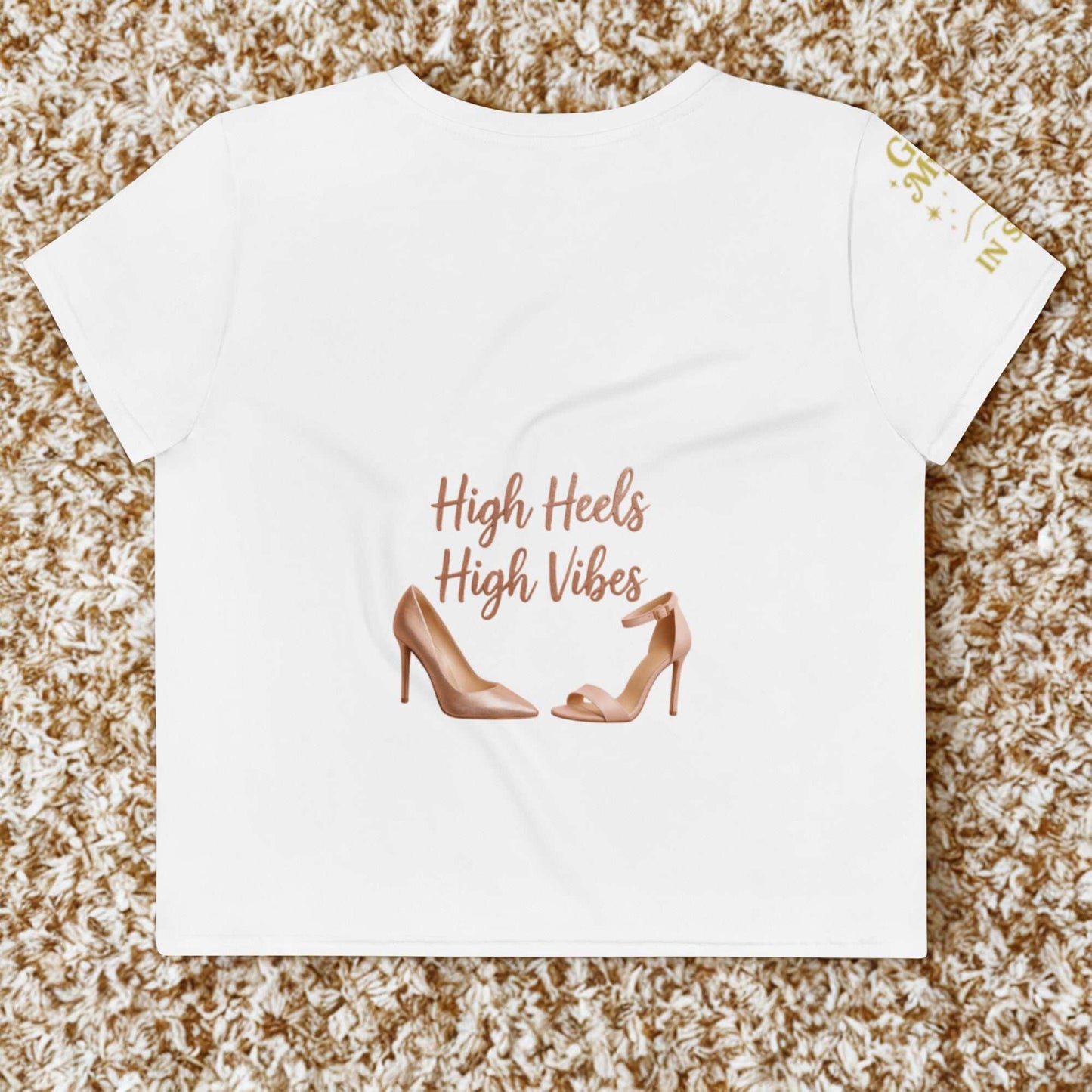 White High Heels High Vibes Crop Top with shoe graphic and stylish text design