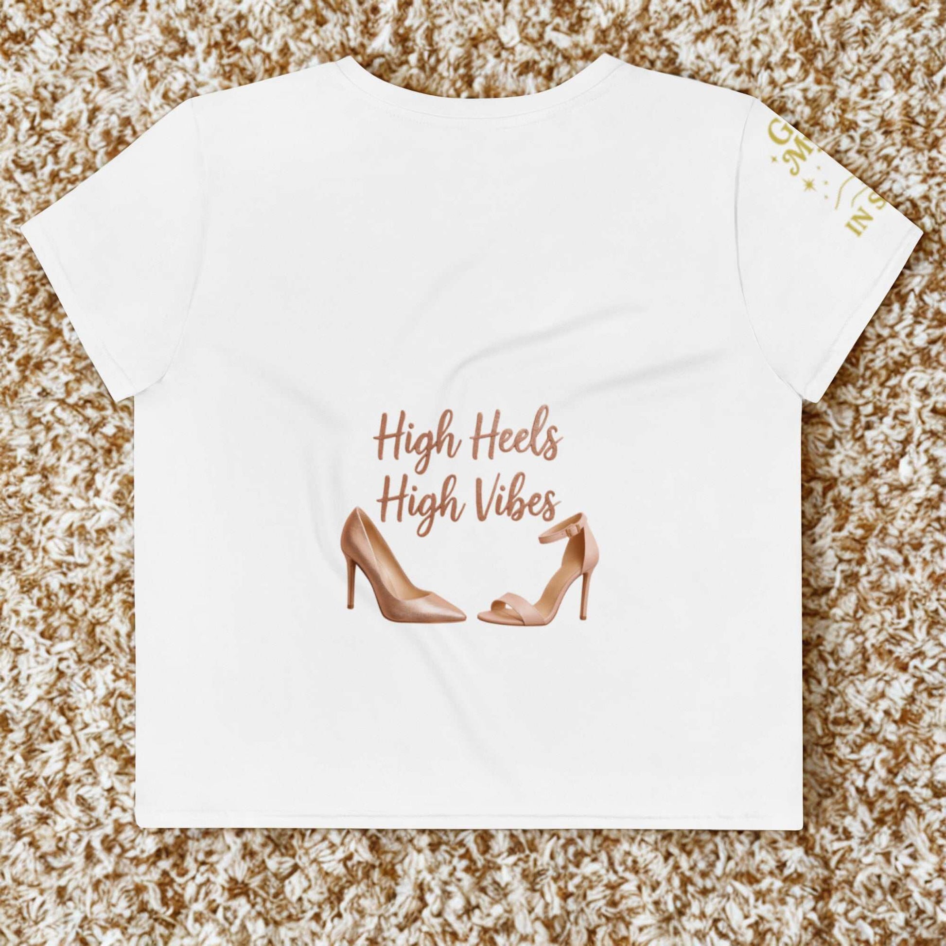 White High Heels High Vibes Crop Top with shoe graphic and stylish text design