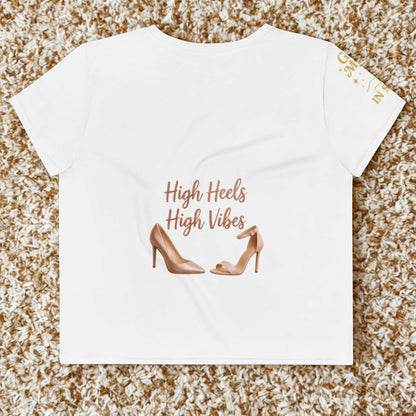 White High Heels High Vibes Crop Top with shoe graphic and stylish text design