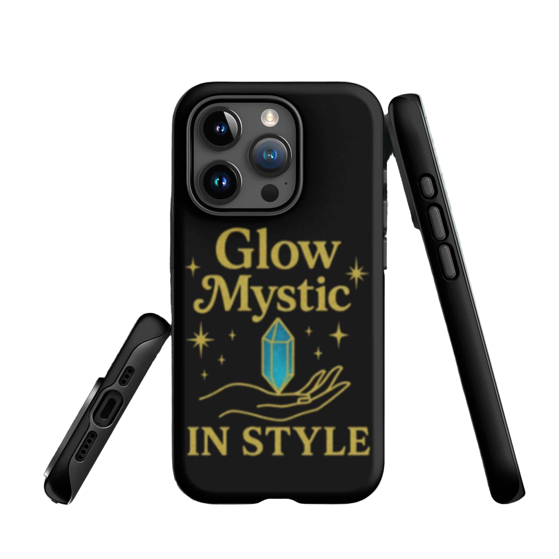 Black Glow Mystic In Style iPhone Case with mystical design, crystal and hand graphic, triple camera cutout, durable protective slim fit