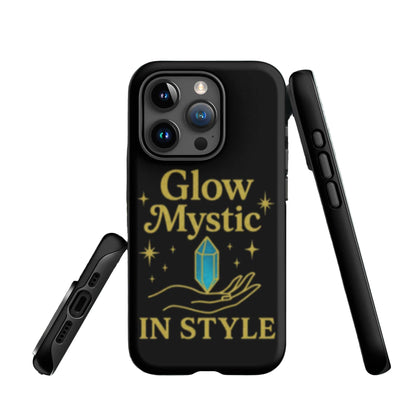 Black Glow Mystic In Style iPhone Case with mystical design, crystal and hand graphic, triple camera cutout, durable protective slim fit