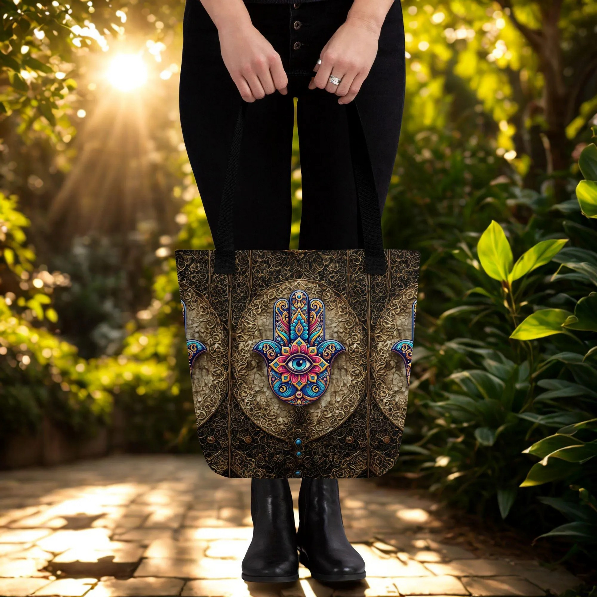 Hamsa Eye Tote Bag with mystical eye design, durable polyester, and cotton bull denim handles, held by person outdoors in sunlight.