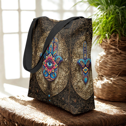 Hamsa Eye Tote Bag with colorful mystical hand design, durable polyester, and cotton handles, eco-friendly and spacious for daily use.