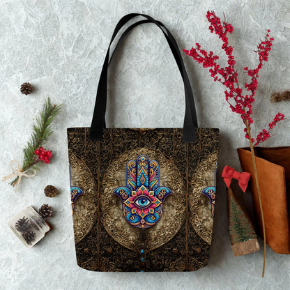Hamsa Eye Tote Bag with colorful mystical design, black handles, and spacious eco-friendly polyester material for daily use