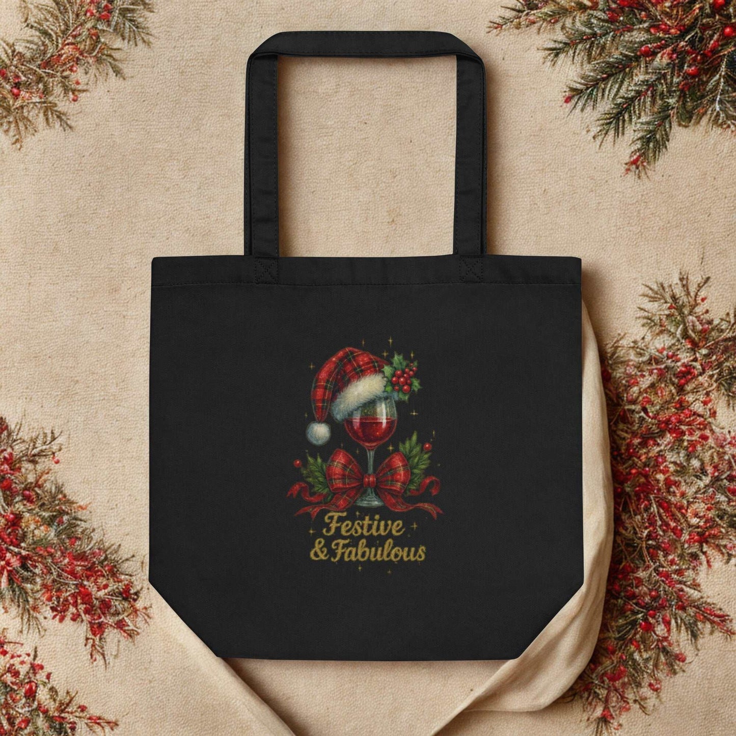 Black Eco Tote Bag with festive wine glass design and "Festive & Fabulous" text, eco-friendly reusable shopping bag