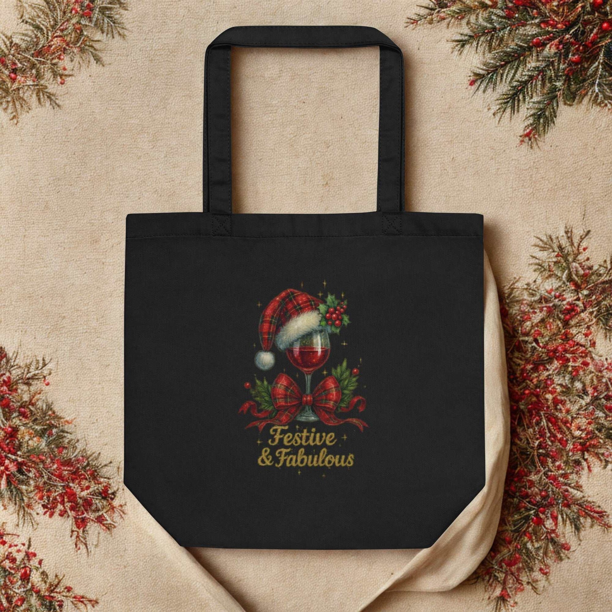 Black Eco Tote Bag with festive wine glass design and "Festive & Fabulous" text, eco-friendly reusable shopping bag