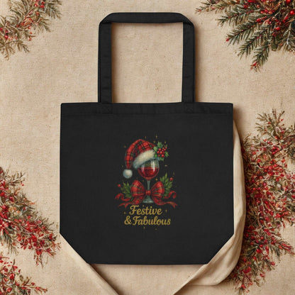 Black Eco Tote Bag with festive wine glass design and "Festive & Fabulous" text, eco-friendly reusable shopping bag