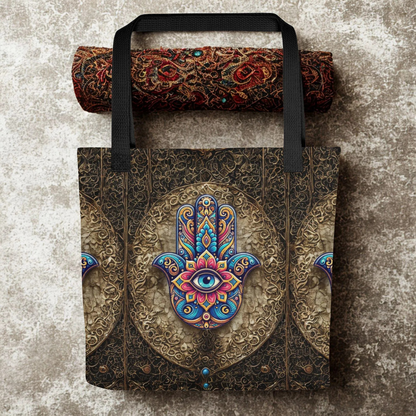 Hamsa Eye Tote Bag with colorful mystical design and black handles on textured background