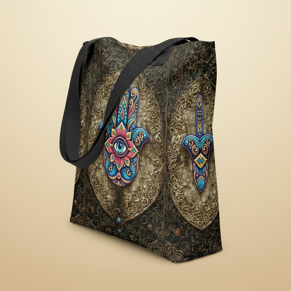 Hamsa Eye Tote Bag with colorful mystical hand design on durable black fabric, eco-friendly and spacious with sturdy handles