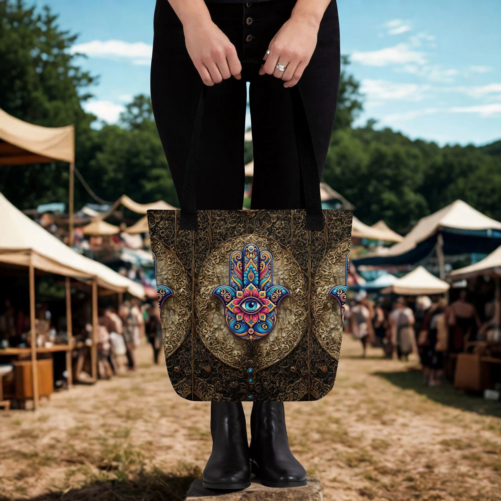 Hamsa Eye Tote Bag with colorful mystical design, black handles, held by person outdoors at market