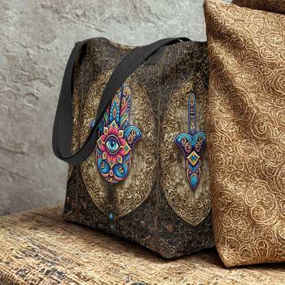 Hamsa Eye Tote Bag with colorful mystical design and black handles on patterned surface