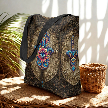 Hamsa Eye Tote Bag with colorful mystical design, durable polyester fabric, and black cotton handles, ideal for daily use and eco-friendly shopping.