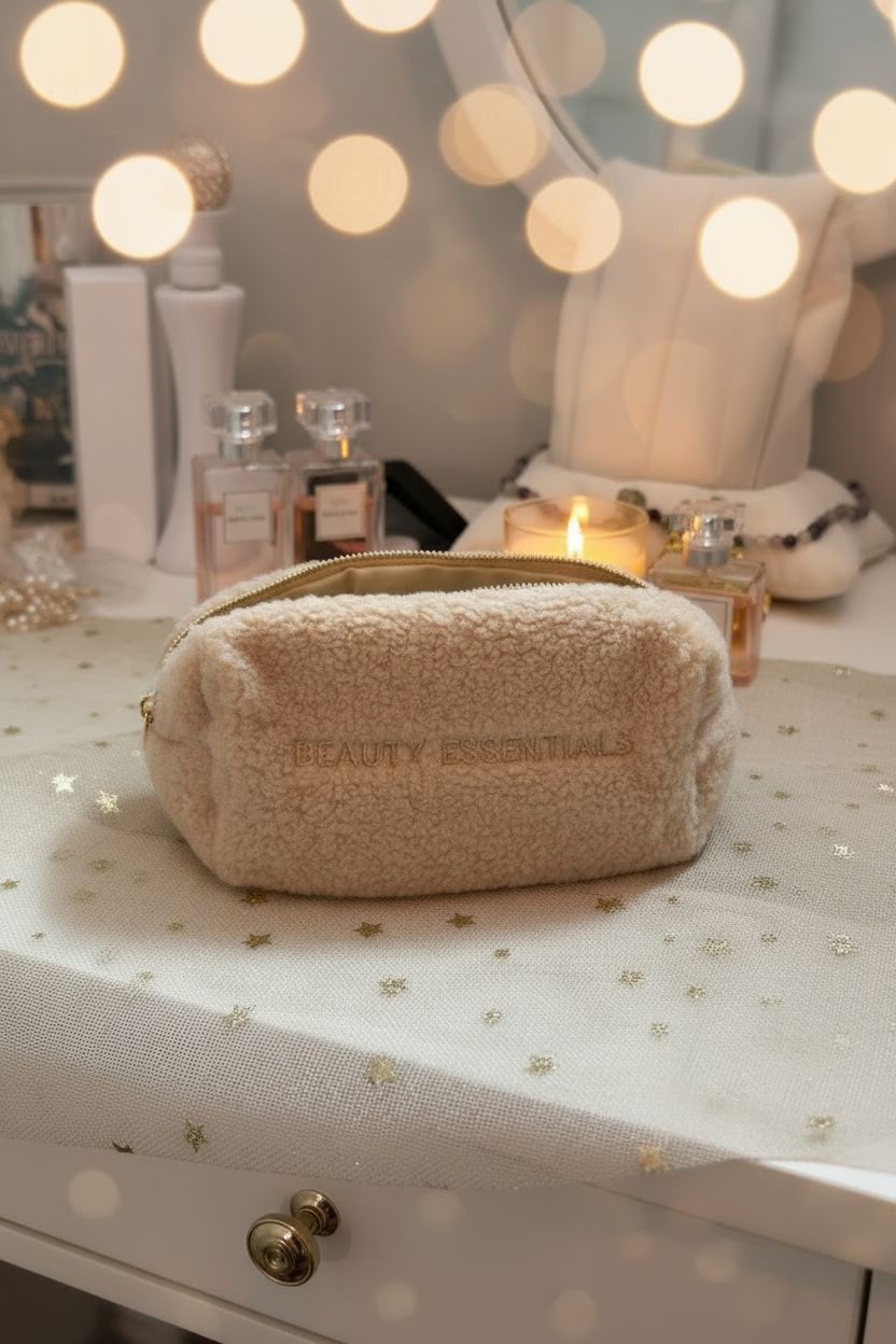 Glow Mystic in Style beige teddy toilettas gestyled op kaptafel bij parfumflesjes