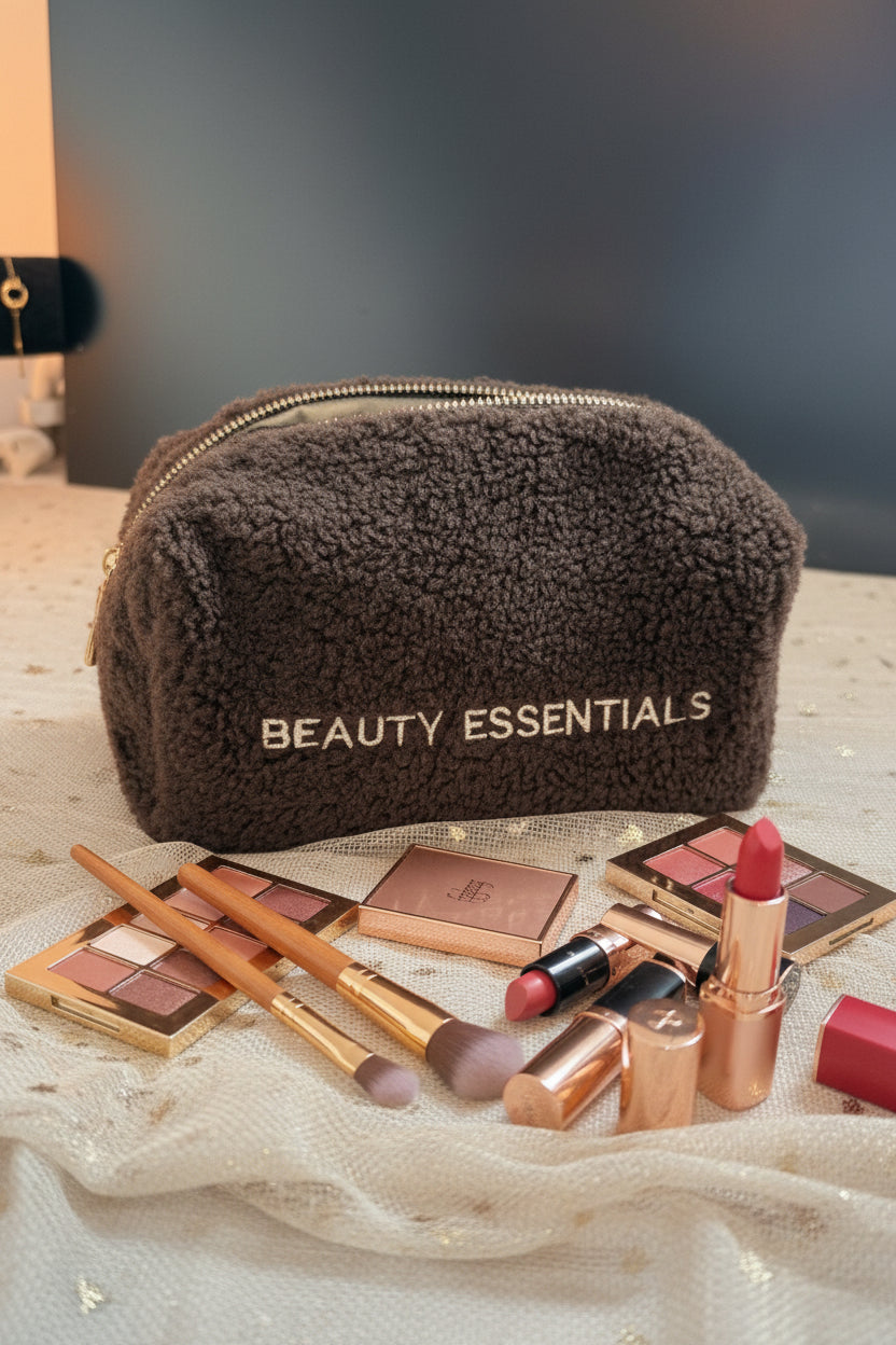 Glow Mystic in Style donkerbruine teddy pouch met make up en kwasten voor het tasje gepresenteerd.