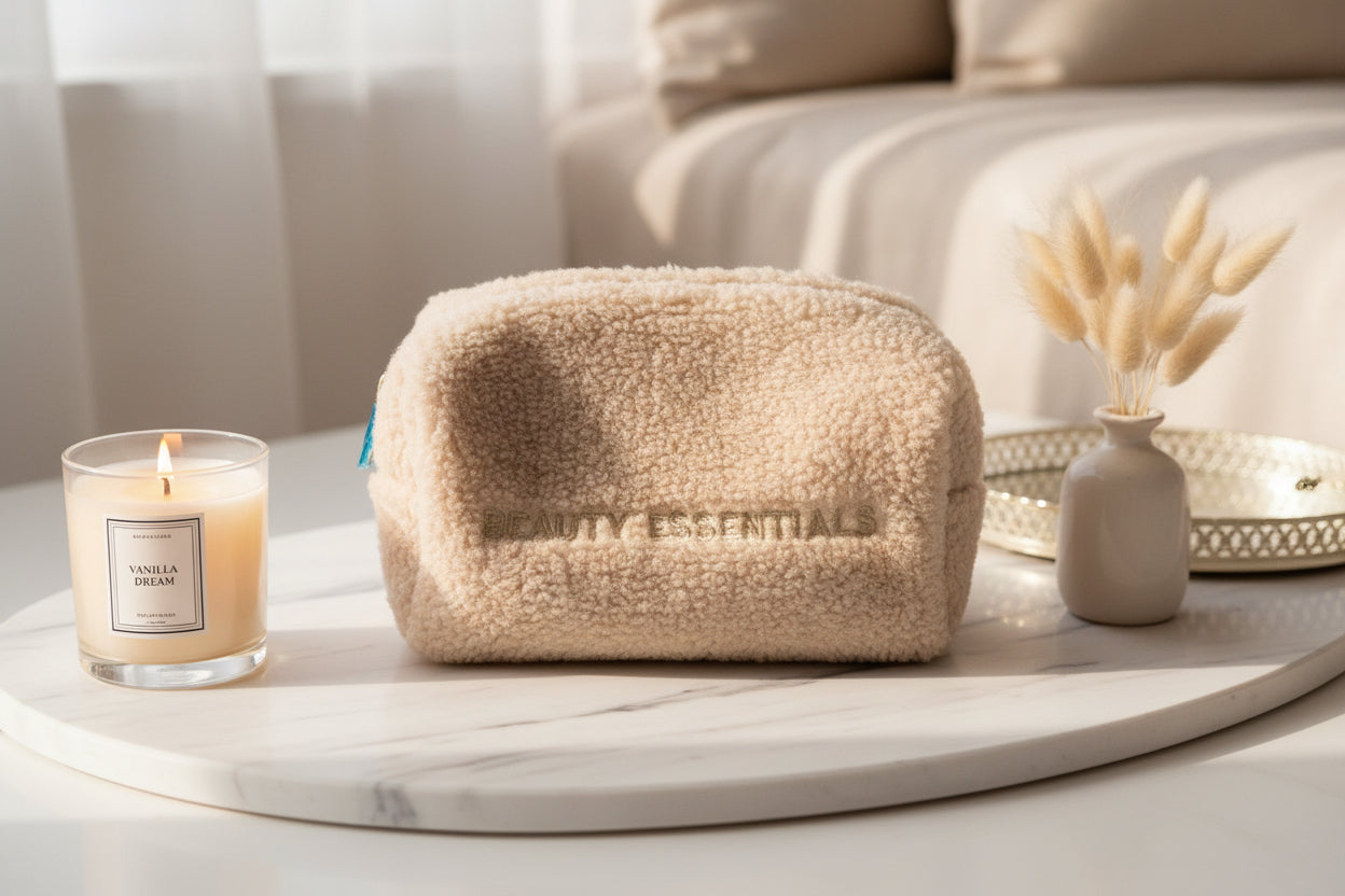 Glow Mystic in Style fluffy beige teddy make-up etui op marmeren plateau met geurkaars