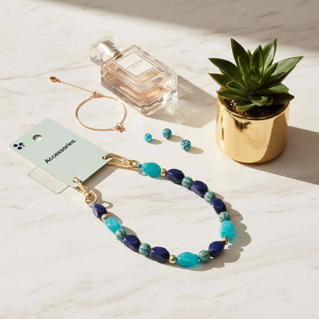 Glow Mystic in Style polskoord voor telefoon met blauwe en keramische kralen aan inlegkaartje in een lifestyle setting.
