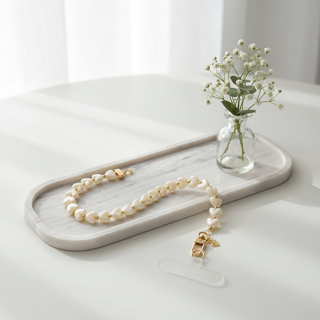 Beige Mother-of-Pearl Heart Phone Charm with Gold