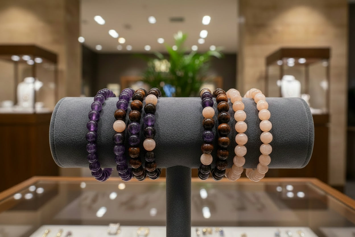 Verschillende edelsteen armbanden gepresenteerd op een grijze fluwelen display in een luxe winkel, waaronder armbanden met amethist, tijgeroog en zonnesteen kralen.