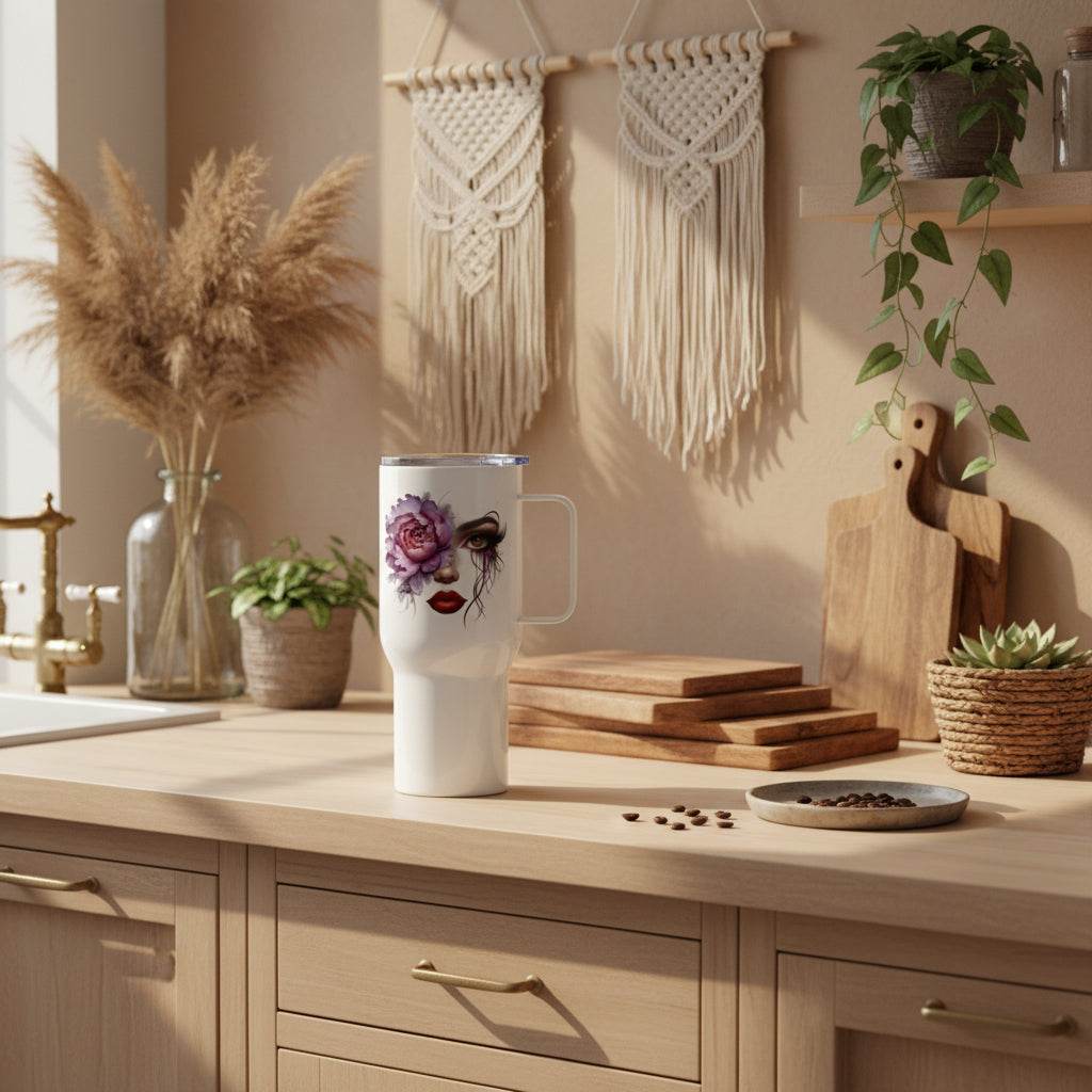 Floral Face Travel mug with feminine face and blooming florals on kitchen counter