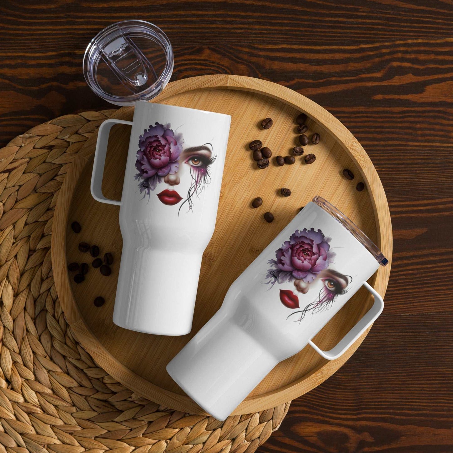 White Floral Face Travel mug with artistic feminine face and purple flower design, stainless steel, two sizes with lids and handle on wooden tray