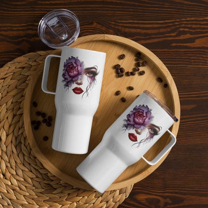 White Floral Face Travel mug with artistic feminine face and purple flower design, stainless steel, two sizes with lids and handle on wooden tray