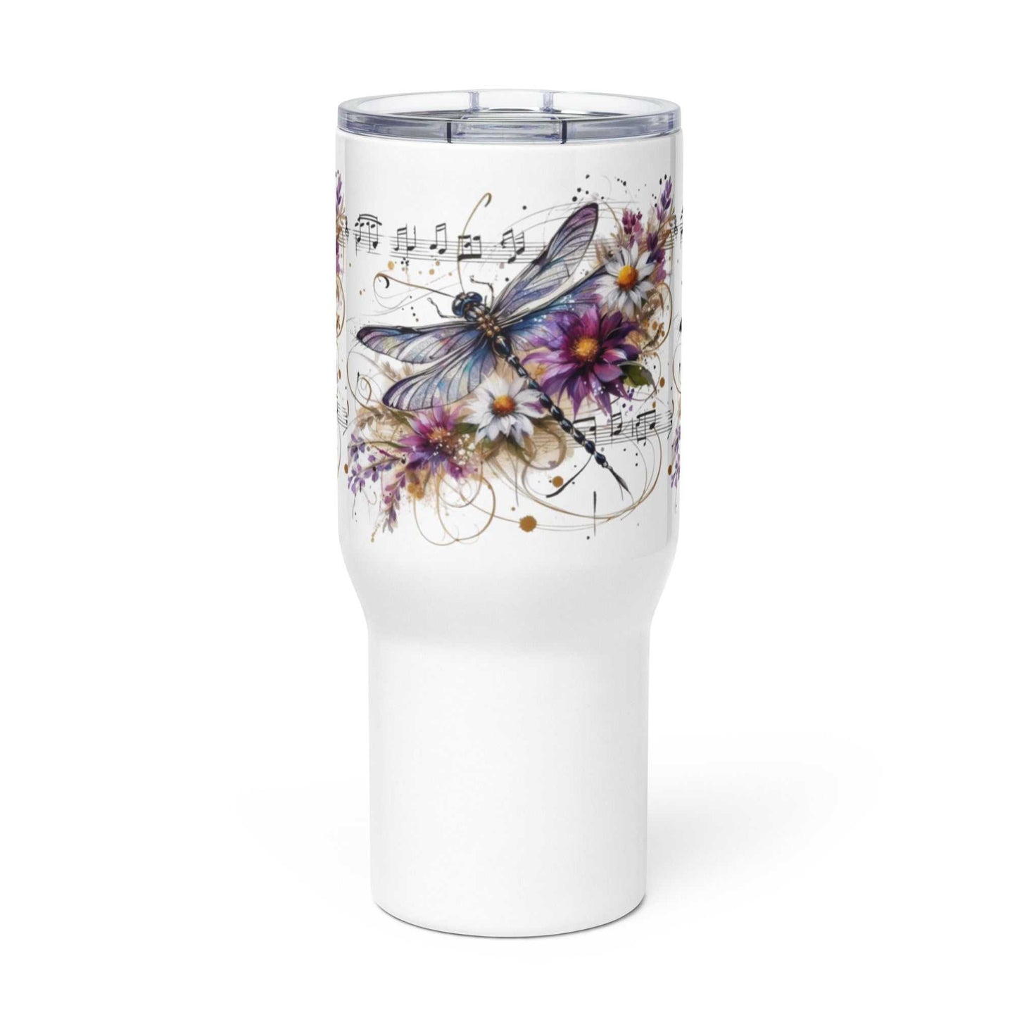 Travel mug with handle featuring a dragonfly and floral design, double-insulated stainless steel, keeps drinks hot or cold.