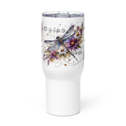Travel mug with handle featuring a dragonfly and floral design, double-insulated stainless steel, keeps drinks hot or cold.