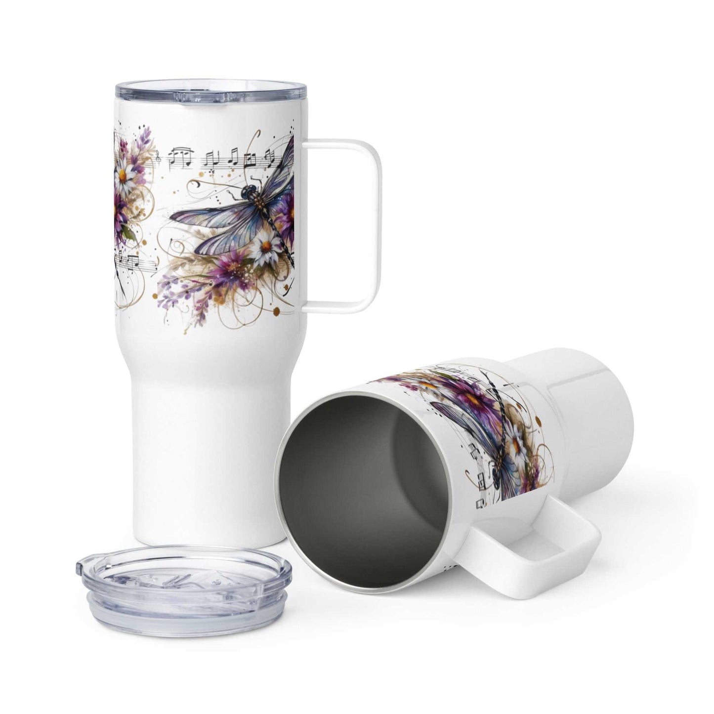 White travel mug with handle featuring colorful dragonfly and floral design, stainless steel insulated cup with lid.