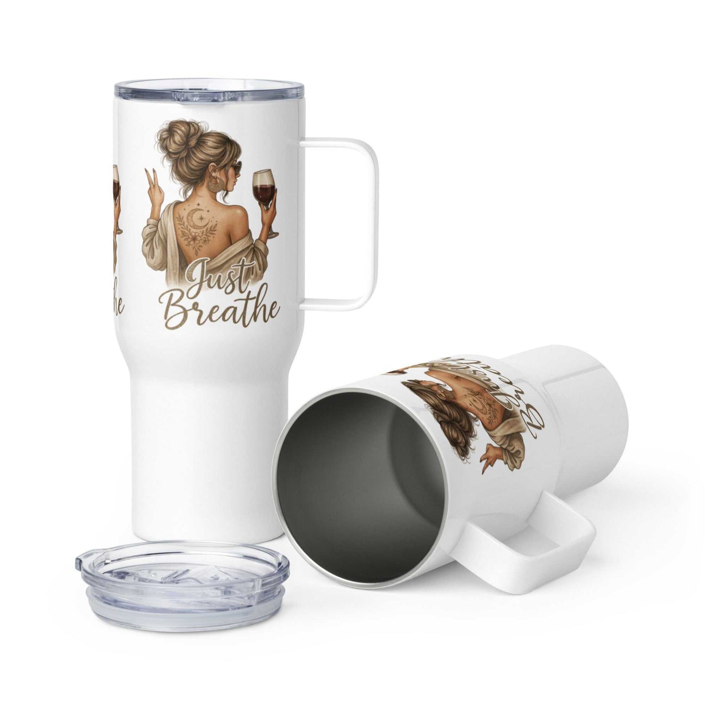 White travel mug with handle featuring "Just Breathe" design and woman illustration, stainless steel insulated tumbler for hot or cold drinks.
