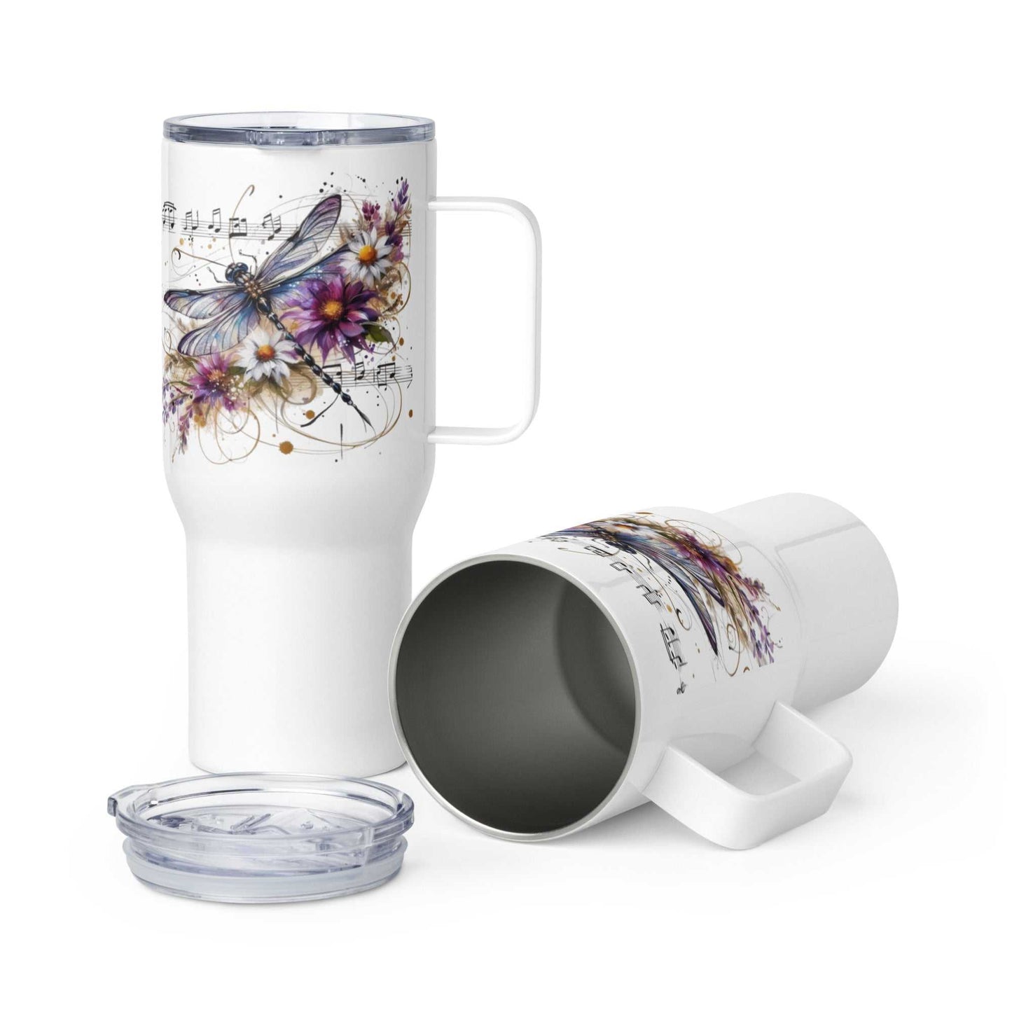 Travel mug met handvat en dromerige libelle en florale print, dubbelwandig geïsoleerd en lichtgewicht.