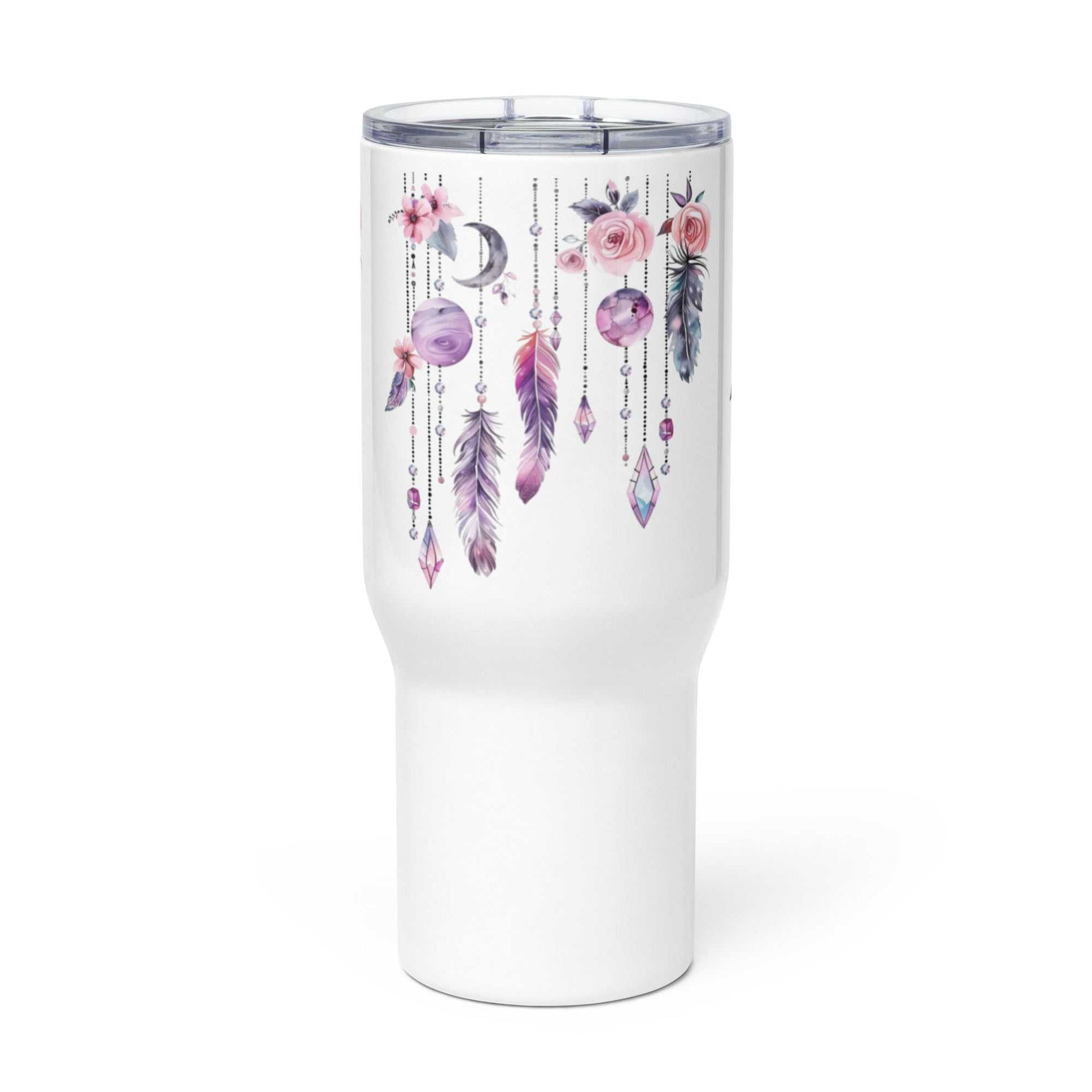 Travel Mug met boho veren en bloemen print, dubbelwandig geïsoleerde reisbeker, roestvrij staal, luxe design, houdt dranken warm of koud, duurzaam en lichtgewicht