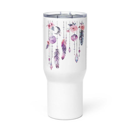 Travel Mug met boho veren en bloemen print, dubbelwandig geïsoleerde reisbeker, roestvrij staal, luxe design, houdt dranken warm of koud, duurzaam en lichtgewicht