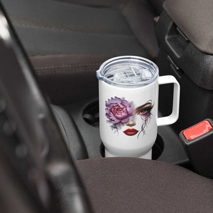 White Floral Face Travel Mug with artistic feminine face and blooming flower sitting in car cup holder